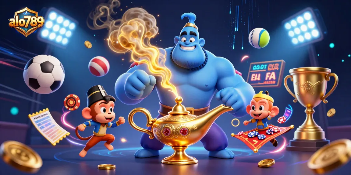 Join the excitement of sports betting at alo789 with a dynamic illustration featuring a colorful genie and poker chips.