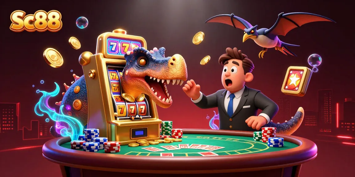 Sc88 casino scene featuring a dinosaur headbutting a jackpot slot machine and coins flying.