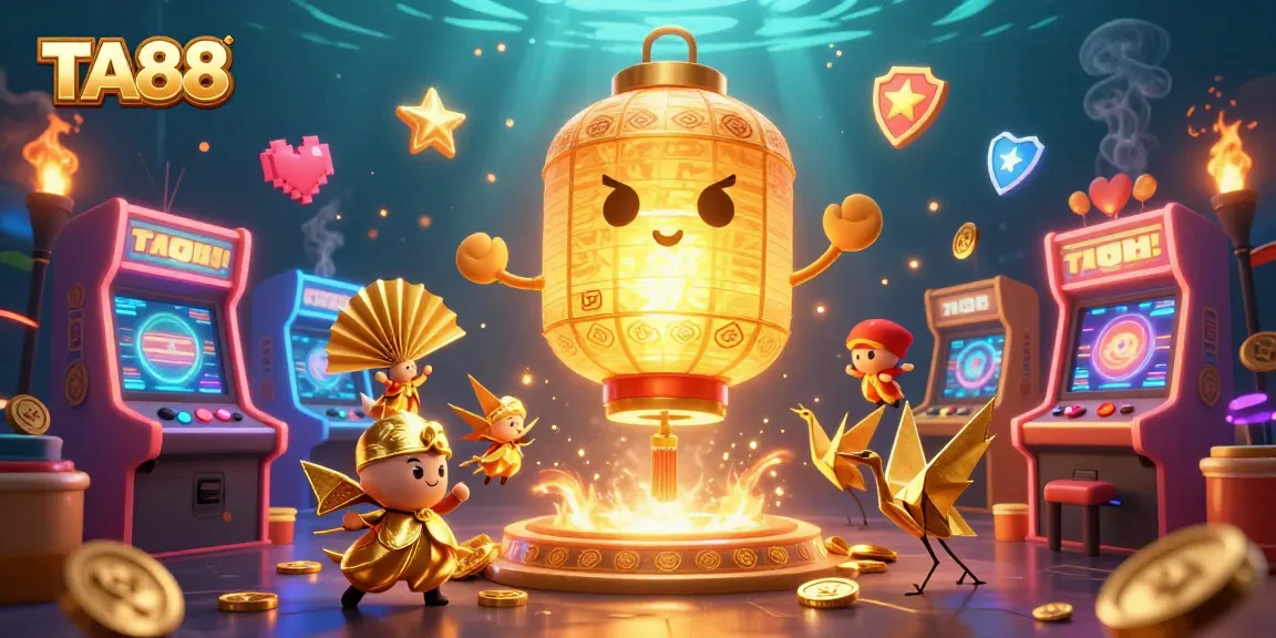 Engage with TA88's vibrant casino atmosphere featuring a golden lantern spirit and arcade elements.