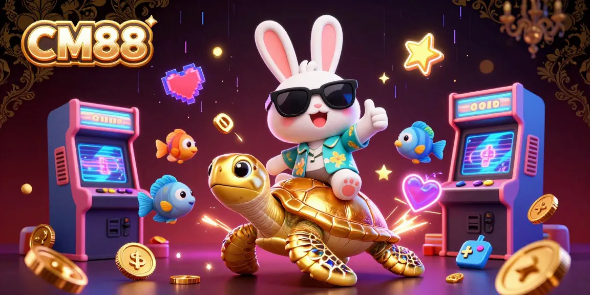 CM88 promotes lucky gaming vibes with a cheerful rabbit and golden turtle in a vibrant casino scene.