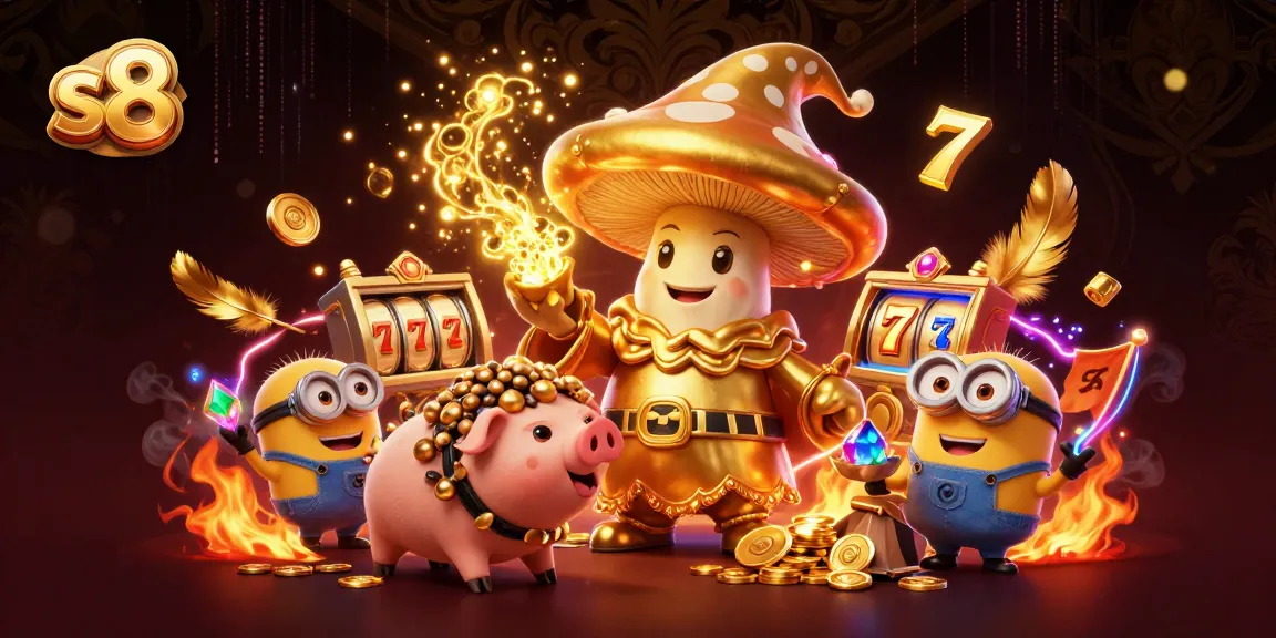 Spin win with S8's golden casino wizard and treasure-hunting pig in a vibrant, thrilling gaming scene.