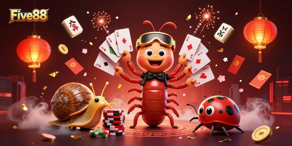 Experience the excitement at Five88 with a vibrant 3D illustration showcasing unique characters in a dynamic casino scene