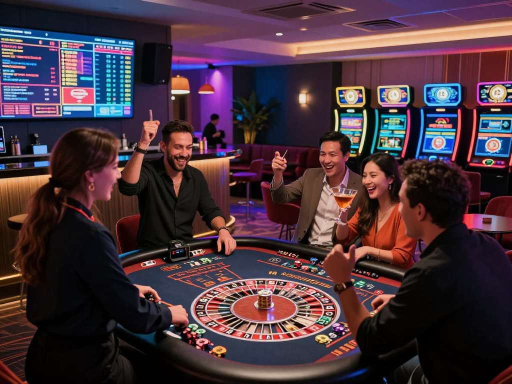 Exciting crypto casino scene with players at roulette table and neon lights.