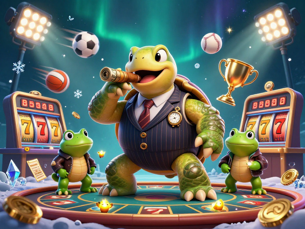 Engage in thrilling gameplay with sunwin featuring a cartoon turtle and bullfrog enforcers amidst casino action.