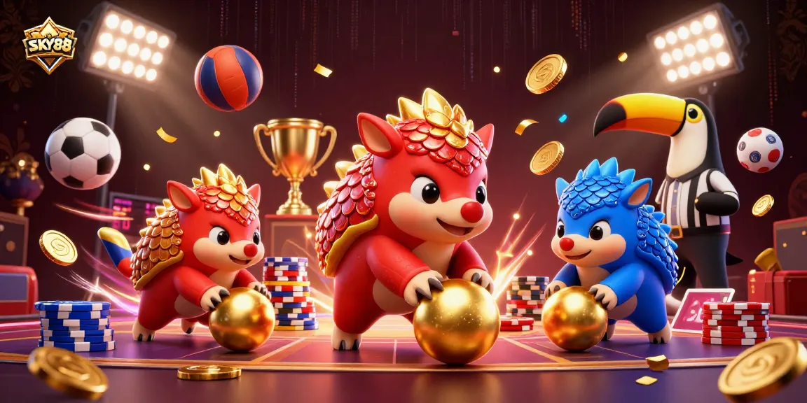 SKY88 pangolins compete in a casino scene filled with poker chips and sports elements.