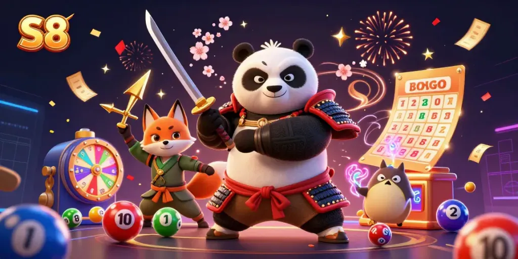 Experience thrilling casino adventures with S8, featuring a samurai panda and ninja fox in action.