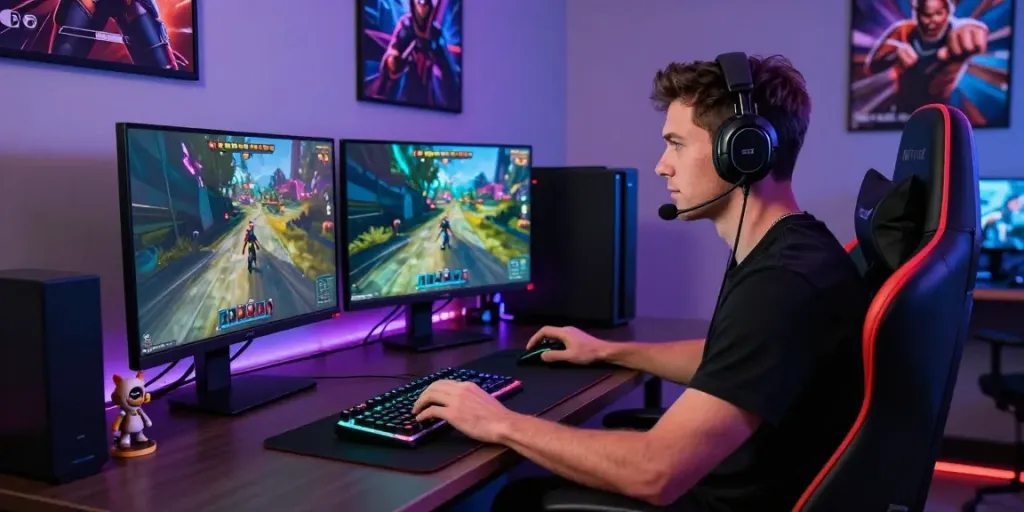 A man enjoying gaming on rokok88 in a neon-lit urban setup with modern equipment.