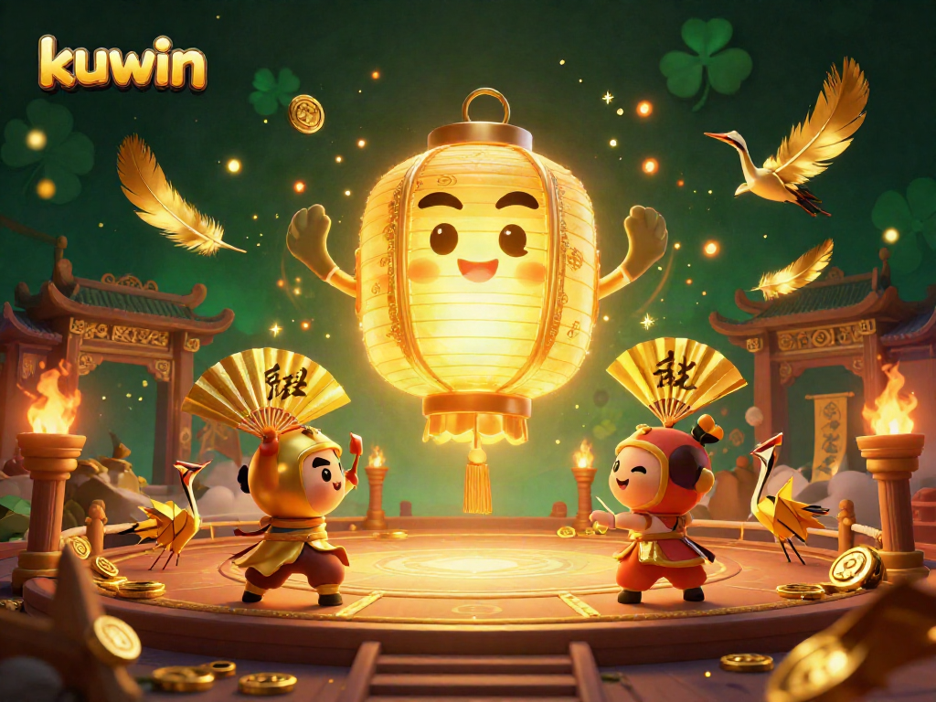 kuwin ignites excitement in this vibrant casino scene filled with golden symbols and energetic characters.
