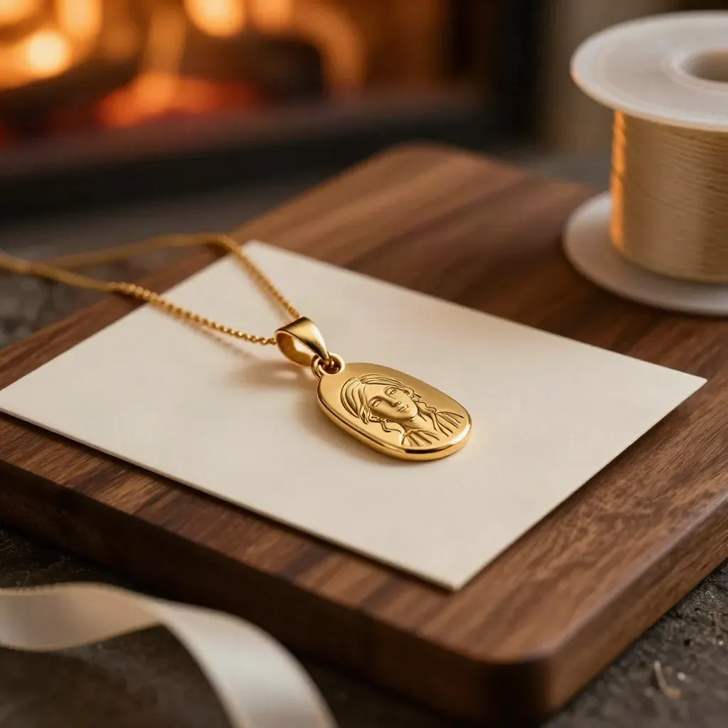 Ciondolo d’oro inciso, biglietto piegato e nastro su tavola di noce, luce del camino.