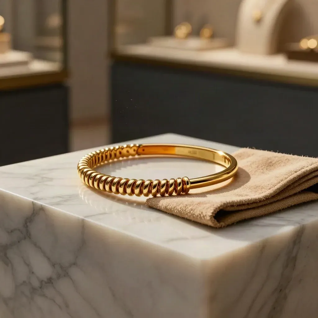 Bracciale d’oro spesso con bangle e suede su plinto di marmo, luce calda