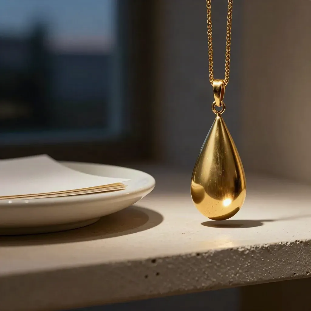 Collana a goccia, ciotola ceramica opaca e carte avorio su mensola in gesso al crepuscolo.