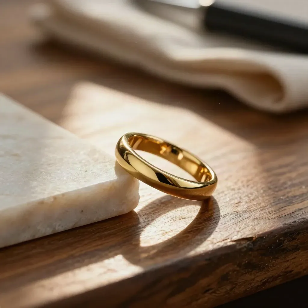 Anello d’oro lucido ruotato su vassoio di pietra con panno avorio e luce mattutina.