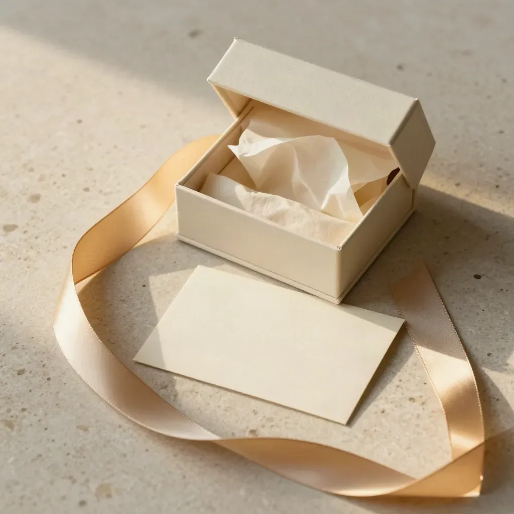 Scatola regalo avorio aperta con nastro oro e cartoncino su pietra chiara.