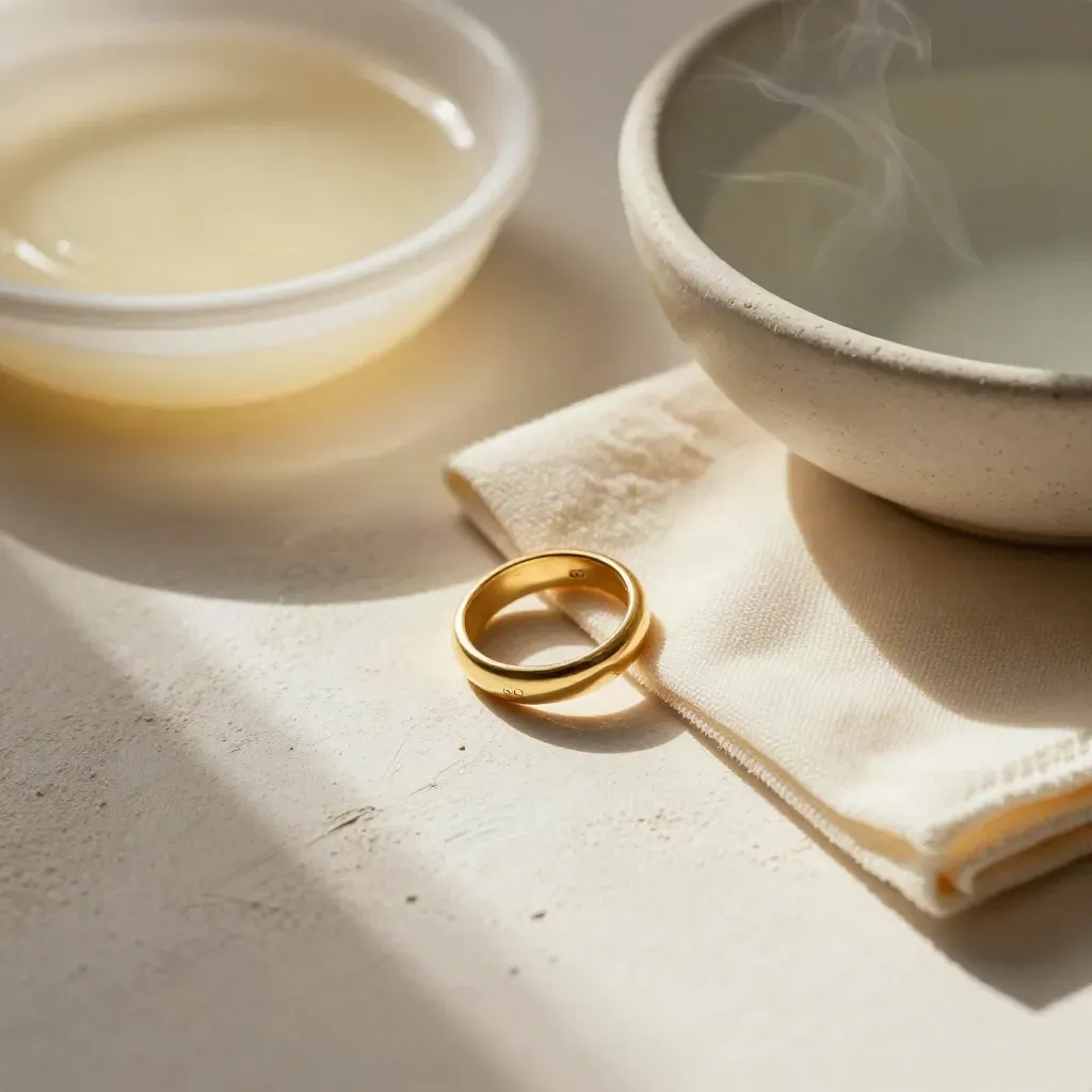 Anello d’oro pulito accanto a panno morbido, acqua tiepida e sapone su intonaco avorio.