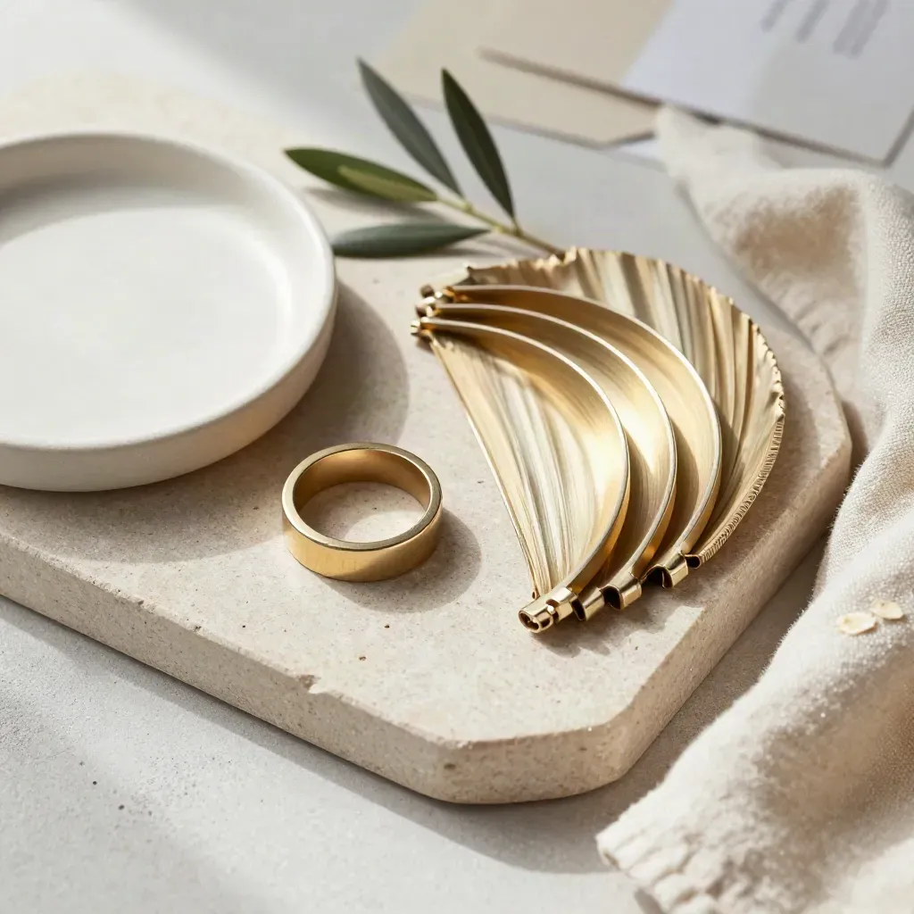 Flatlay di anelli misura, ciotola in ceramica, ramoscello d’ulivo e lino su pietra neutra.