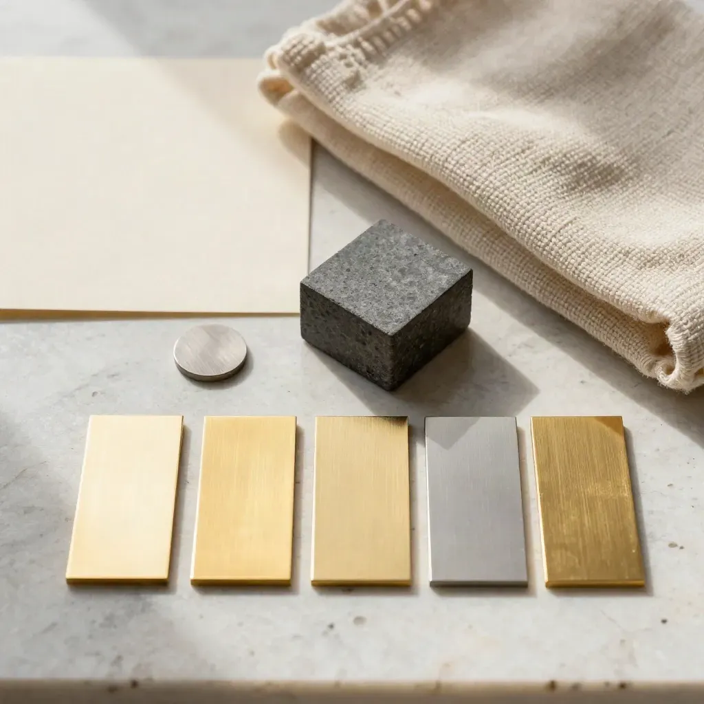 Strisce d’oro, chip metallico, cubo di pietra e lana piegata su lastra neutra.