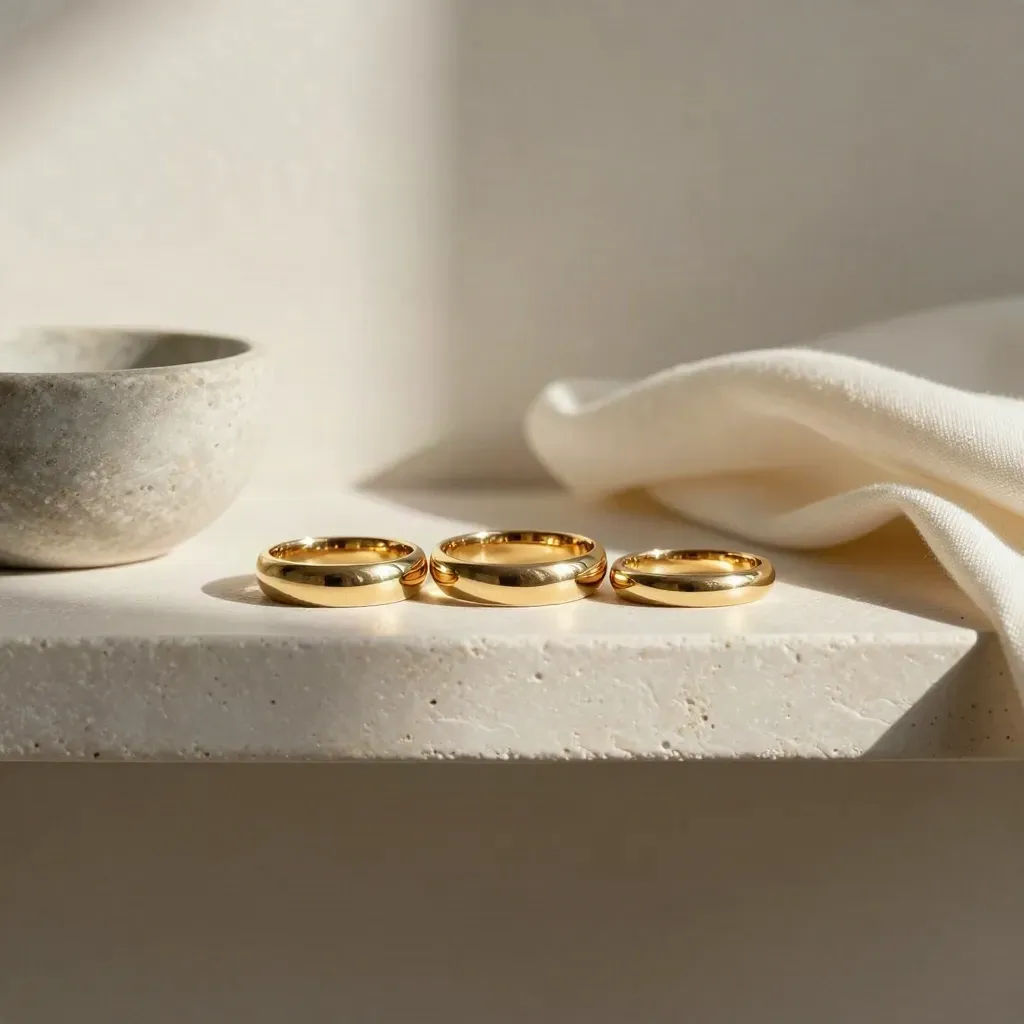 Tre fedi nuziali d’oro su mensola in gesso con stoffa avorio e ciotola di pietra.