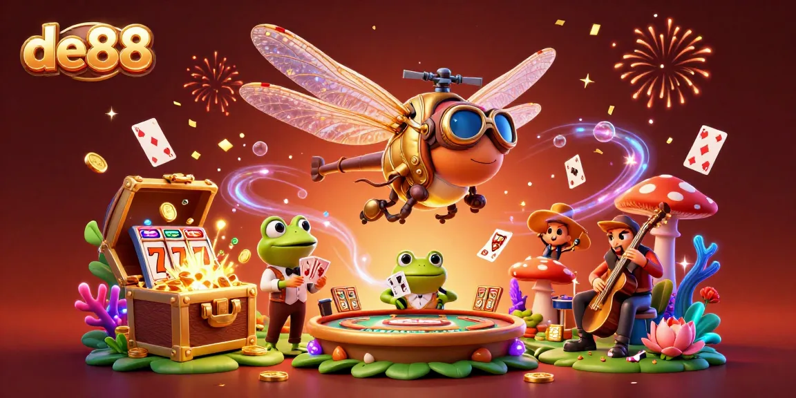 Experience thrilling games at de88 with a vibrant illustration of a dragonfly pilot, frog dealer, and jazz musicians.
