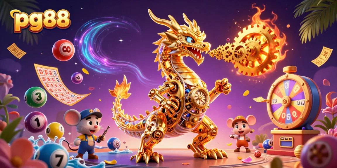 Engage in exciting gameplay with pg88 while interacting with a golden dragon and vibrant lottery elements.