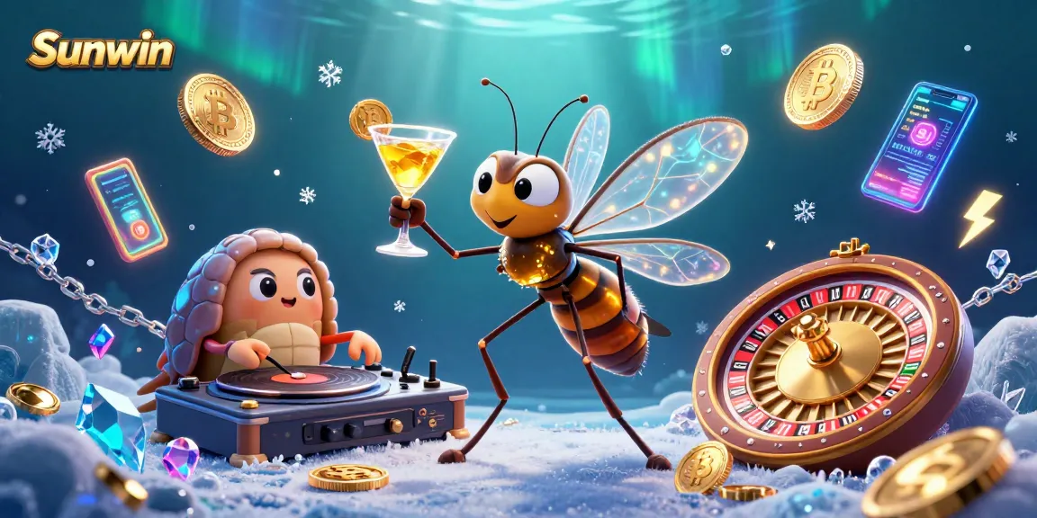 Engage with Sunwin's dynamic gaming atmosphere featuring lively 3D casino characters and vibrant crypto elements.
