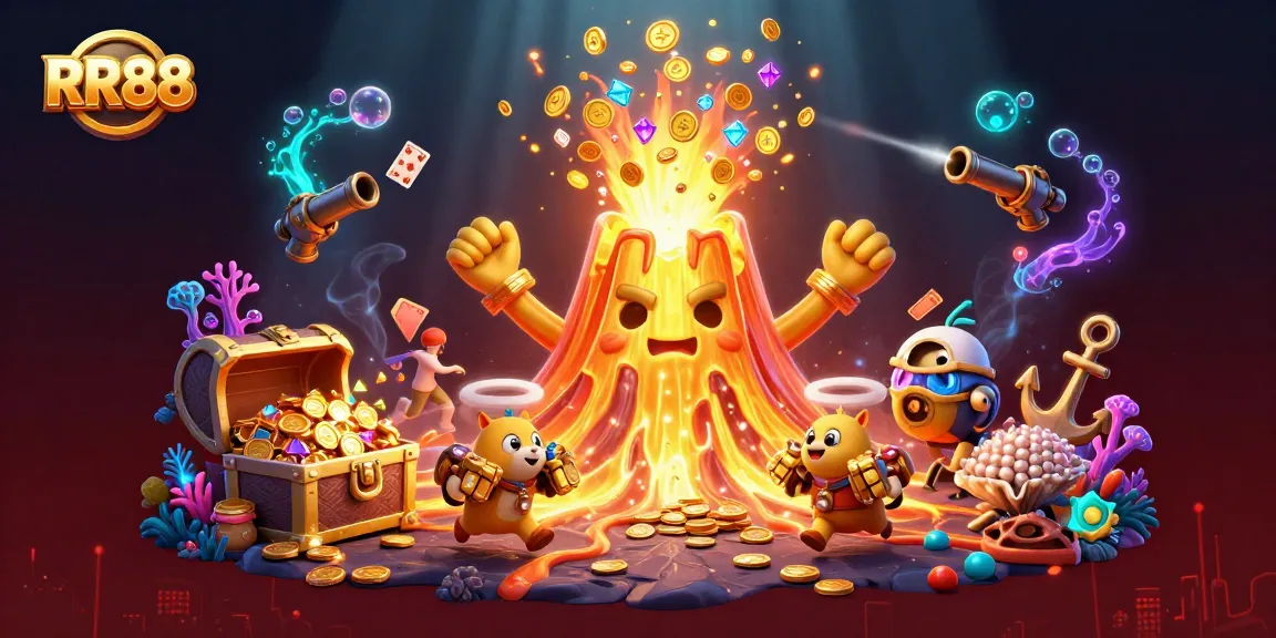 Experience thrilling wins at RR88 with a dynamic 3D illustration showcasing exciting casino elements.