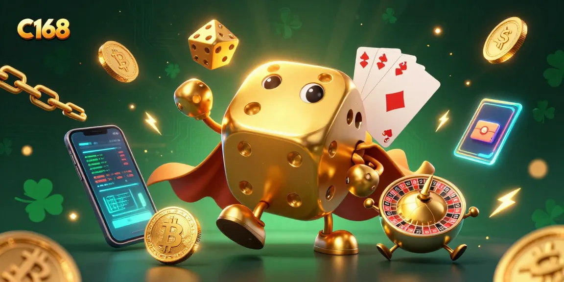 Engage in thrilling gameplay at C168, featuring a lively 3D casino scene with gold dice and crypto coins.