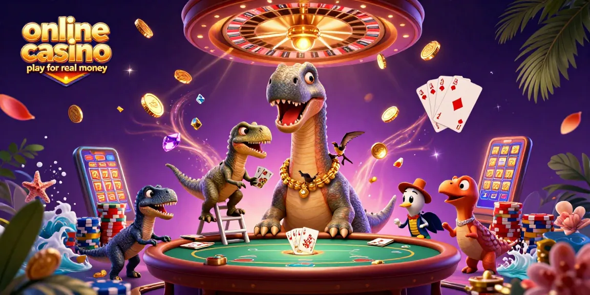 Engage in online casino play for real money with a vibrant scene featuring a brontosaurus dealer and exciting game elements.