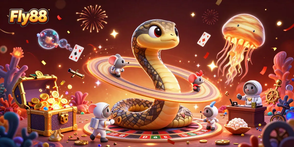 Place your bets at Fly88 with cartoon snakes and cosmic jellyfish in a vibrant casino scene.