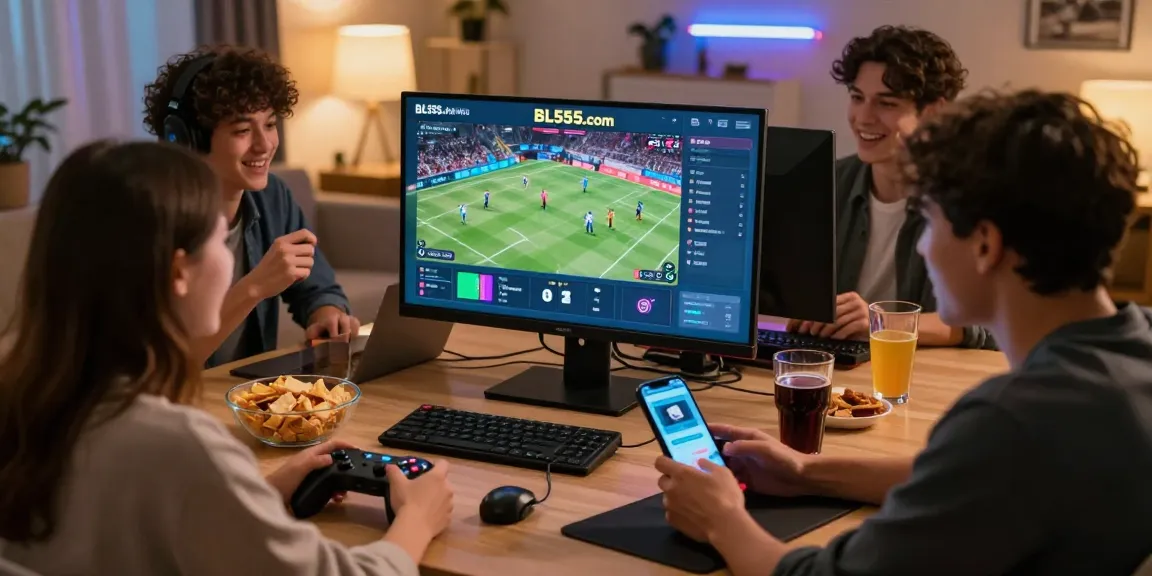 Exciting gaming night at BL555.com with friends enjoying snacks and live sports.