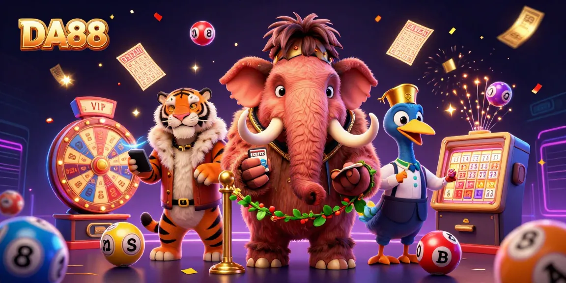DA88 casino scene with a mammoth bouncer, VIP saber-tooth, and lively elements.