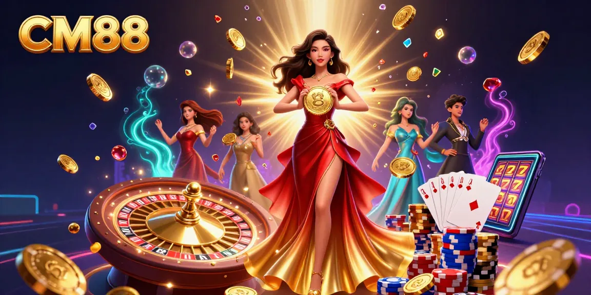 Experience thrilling wins with CM88 as gorgeous characters celebrate surrounded by coins and casino games.