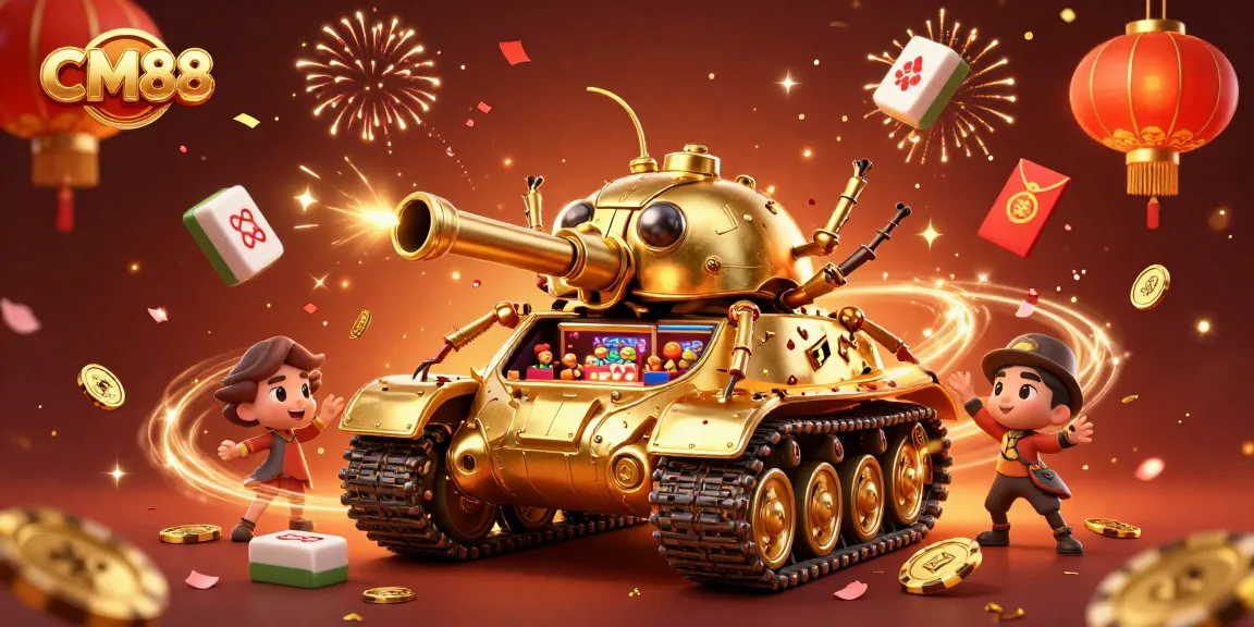 Experience CM88's vibrant 3D casino atmosphere with a golden beetle tank and festive gaming elements.