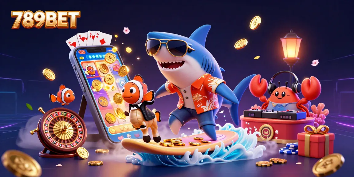 Experience excitement at 789BET with a vibrant casino scene featuring playful marine characters.
