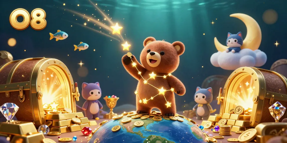 Experience the magic of O8 as a constellation bear collects coins amidst vibrant casino treasures.