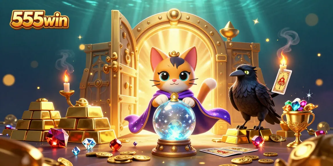 Experience gaming excitement with the vibrant scene of 555win, featuring iconic symbols from slots and riches.