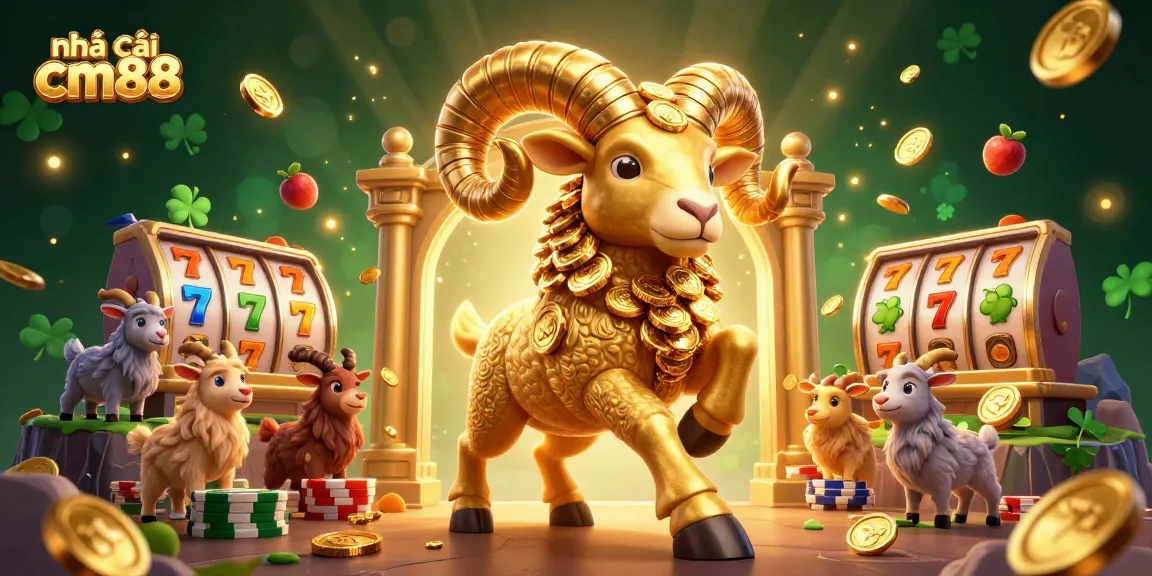 Experience the excitement of nhà cái cm88 with a dynamic 3D illustration of a golden ram and slot game elements.