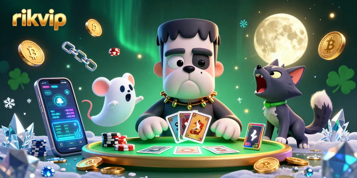 Play and win at rikvip's vibrant online casino scene with ghostly themes and colorful crypto coins.