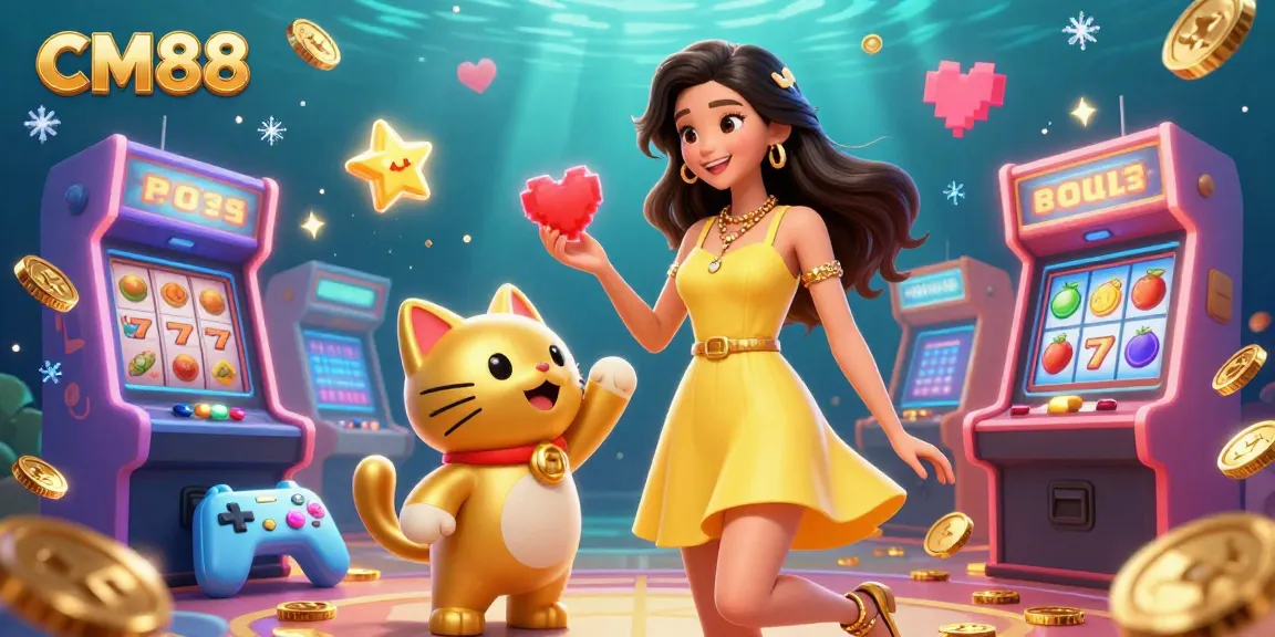 Experience excitement with CM88 at a vibrant casino scene filled with golden coins and arcade games.