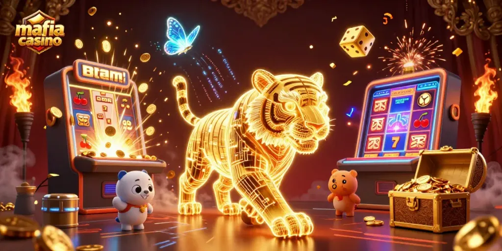 The golden tiger in the mafia casino landscape celebrates jackpots and gaming excitement.