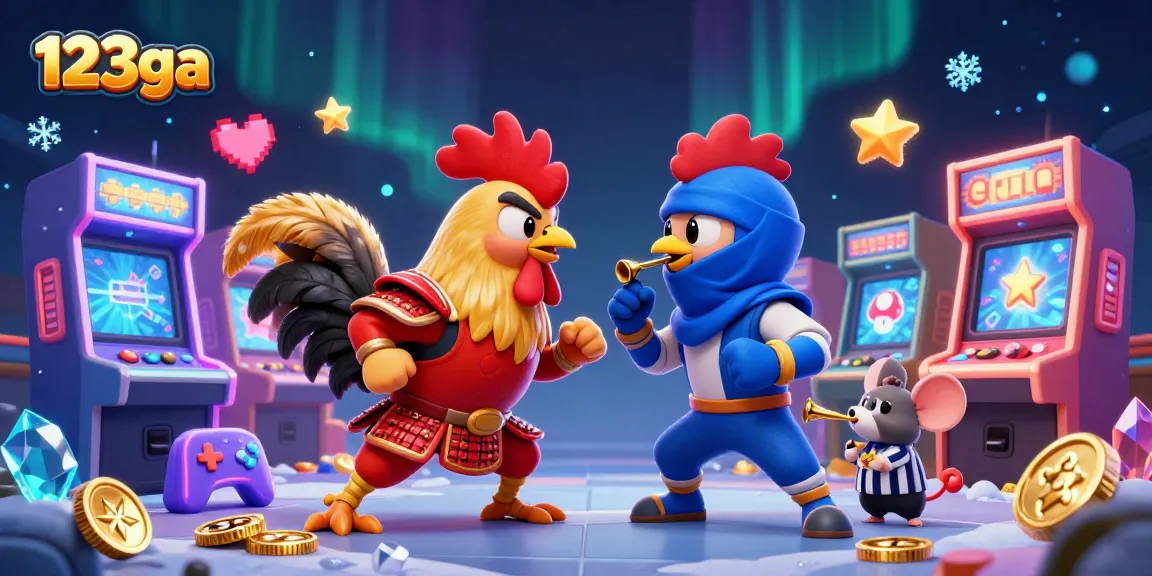 Engage with 123ga by witnessing a thrilling standoff between fighting roosters in a vibrant casino scene.