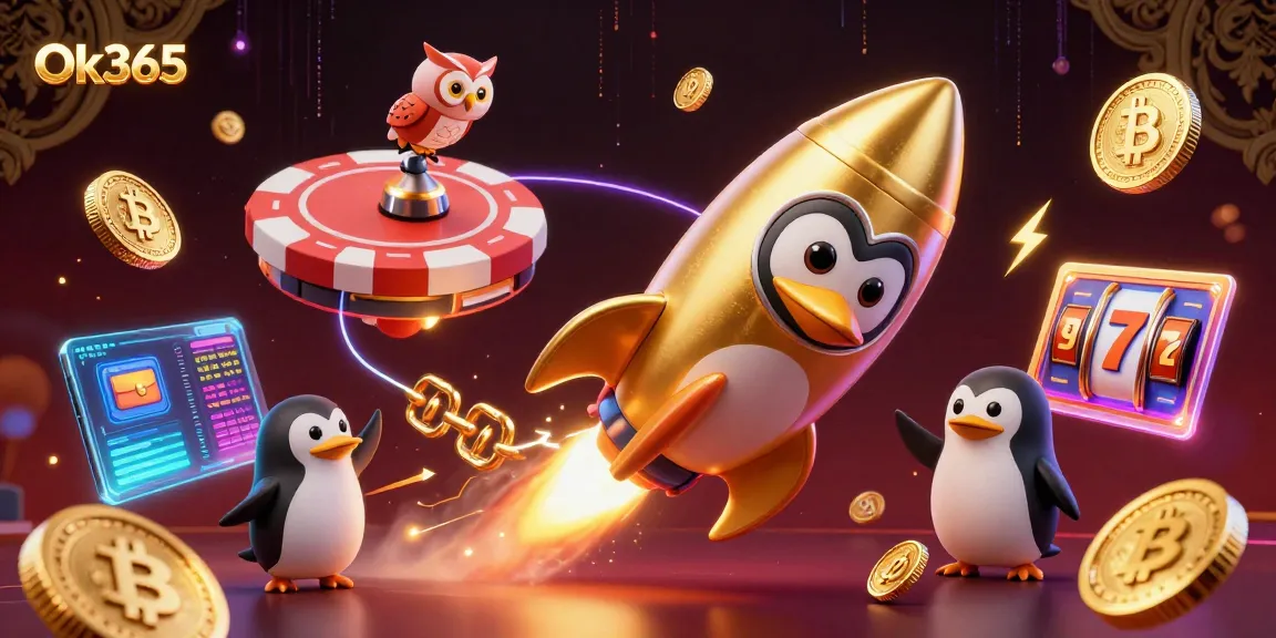 Experience thrilling gaming action with Ok365's golden penguin and vibrant casino atmosphere.