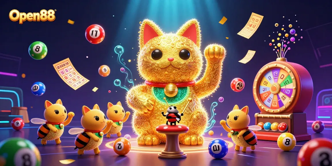 Experience the excitement at Open88 with vibrant lottery balls and a lucky cat symbolizing luck in this dynamic gaming scene.