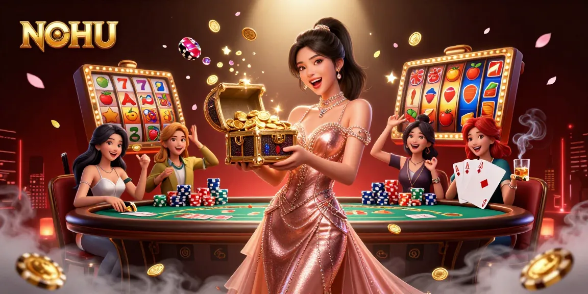 Experience the excitement of NOHU with a treasure chest of winnings and vibrant slot elements.