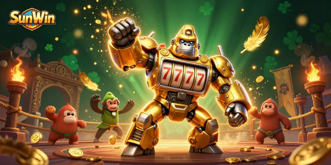 Engage with SunWin's exciting transformations in a vibrant casino battle scene featuring a golden gorilla mech.