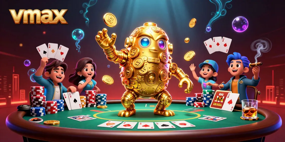 Experience thrilling vmax casino action with a golden coin golem amidst dynamic poker elements and vibrant visuals.
