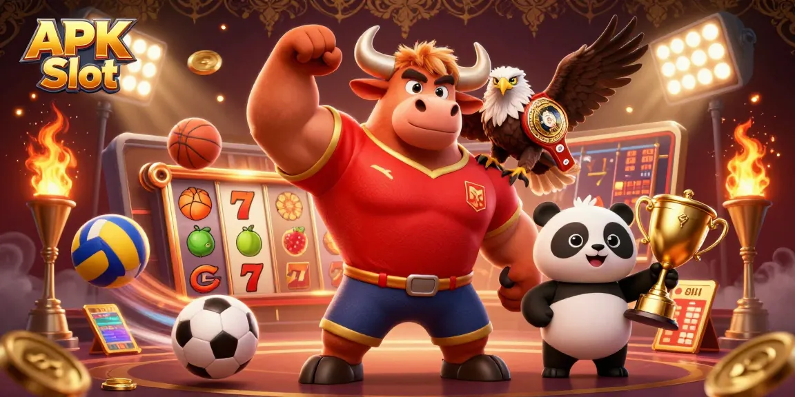 Play exciting APK Slot games with thrilling visuals including trophy, bull mascot, and eagle.