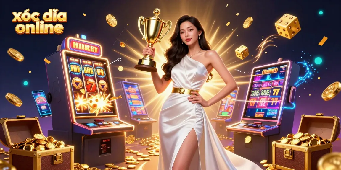Xóc đĩa online showcases thrilling gameplay with vibrant slots, coins, and a victorious player.