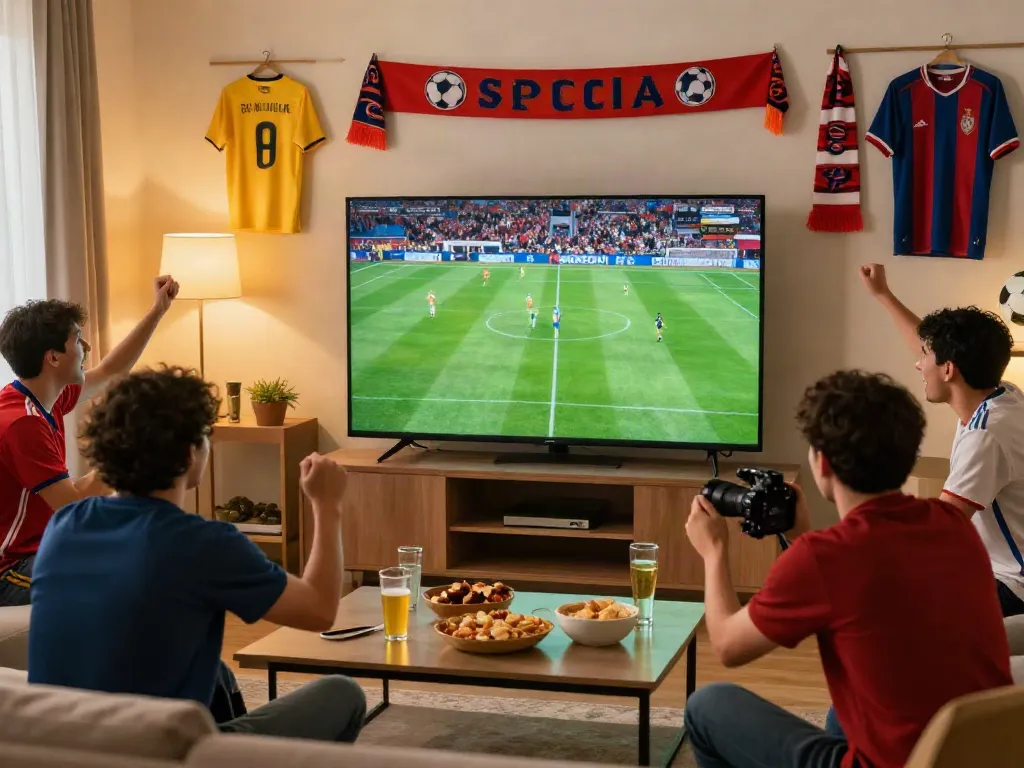 Excited soccer fans enjoying a live match at home, cakhiatv streaming on the screen.