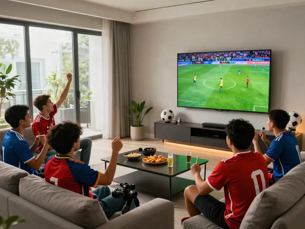 Xoilactv fans enjoying a thrilling live football match at home with vibrant atmosphere.