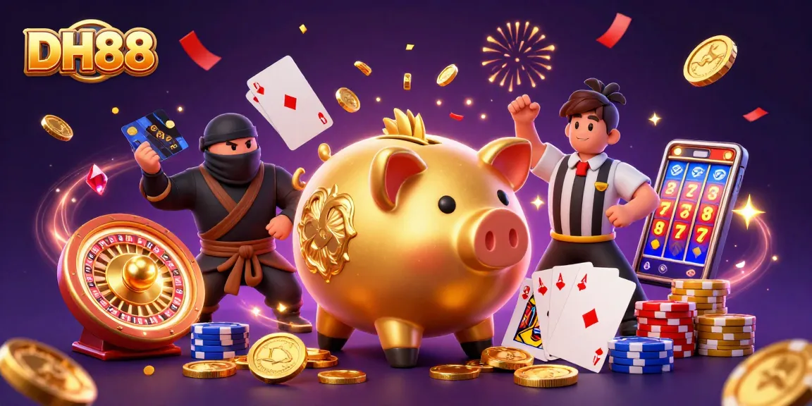 Engage with DH88, a thrilling casino scene brimming with golden coins and energetic characters.